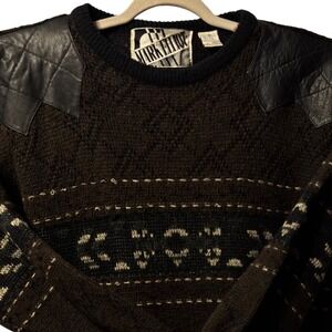 Vintage Mark Elliot Mens Brown Quilted Wool Leather Shoulder Patch‎  Sweater XL